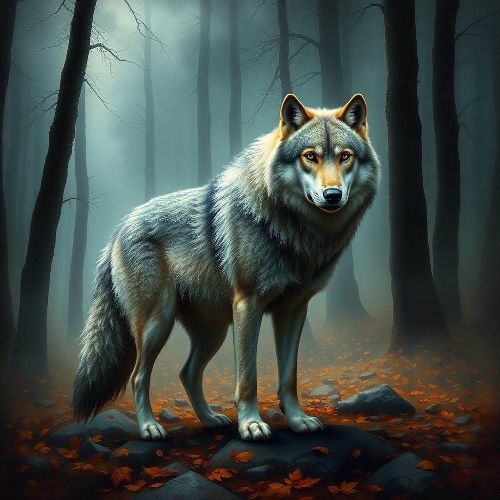 Majestic Wolf in Misty Forest, Old Masters Style