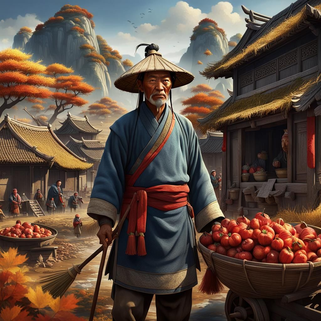 Ancient Chinese Farmers in Detailed Matte Painting
