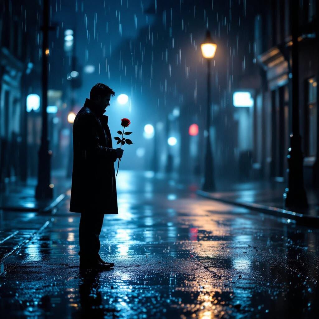 Man Holds Red Rose on Rainy Night