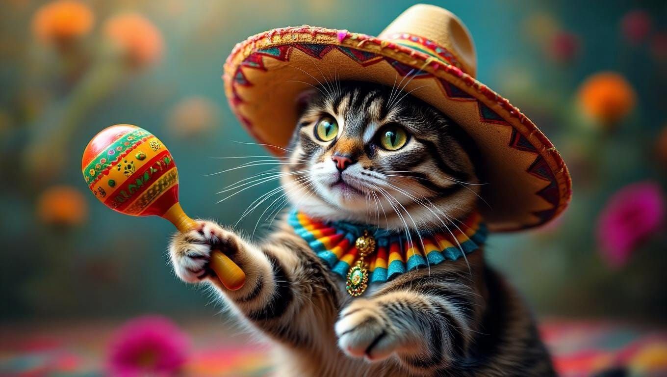 Cat in Sombrero Tango: Surreal Photorealistic Image