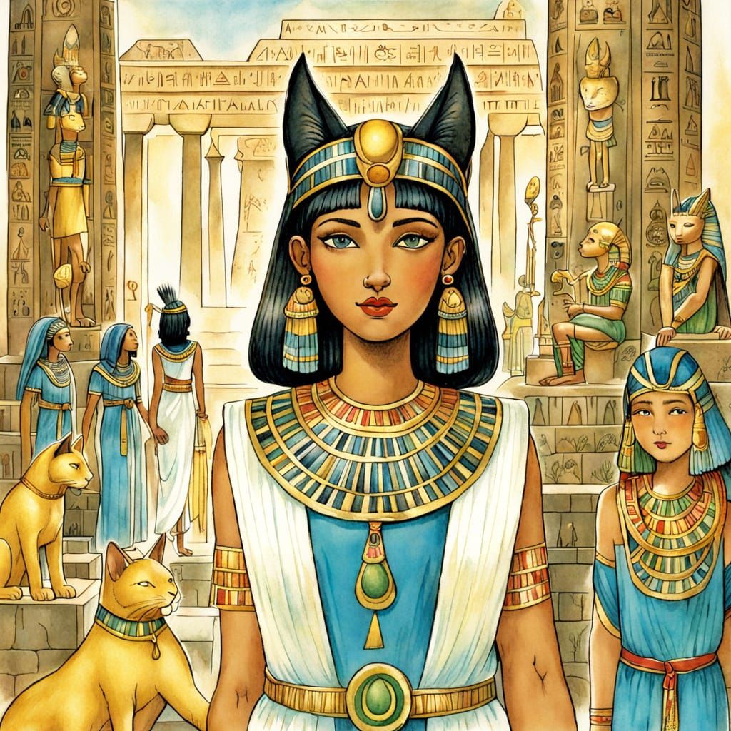 Ancient Egyptian Temple with Priestess, Children's Book Styl...