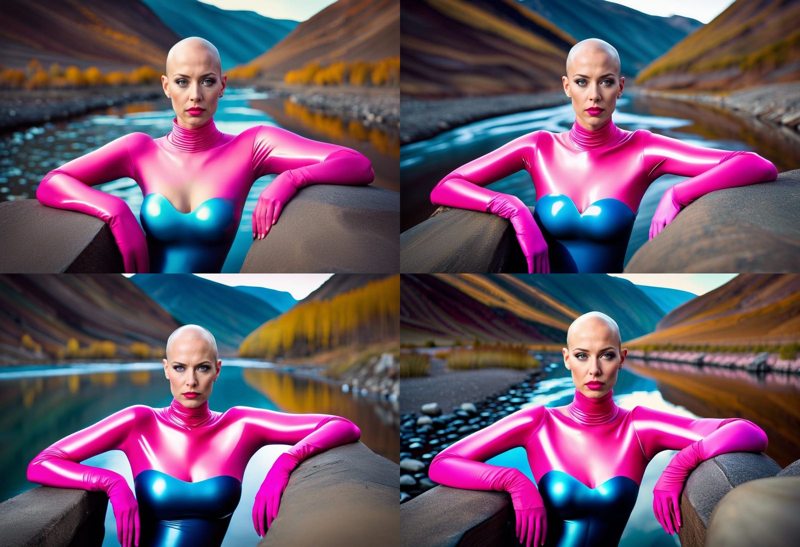 Bald Woman in Latex Catsuit by Mountain River
