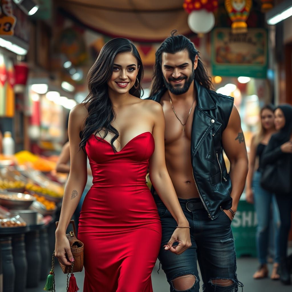 Enigmatic Woman and Jason Momoa in Street Market