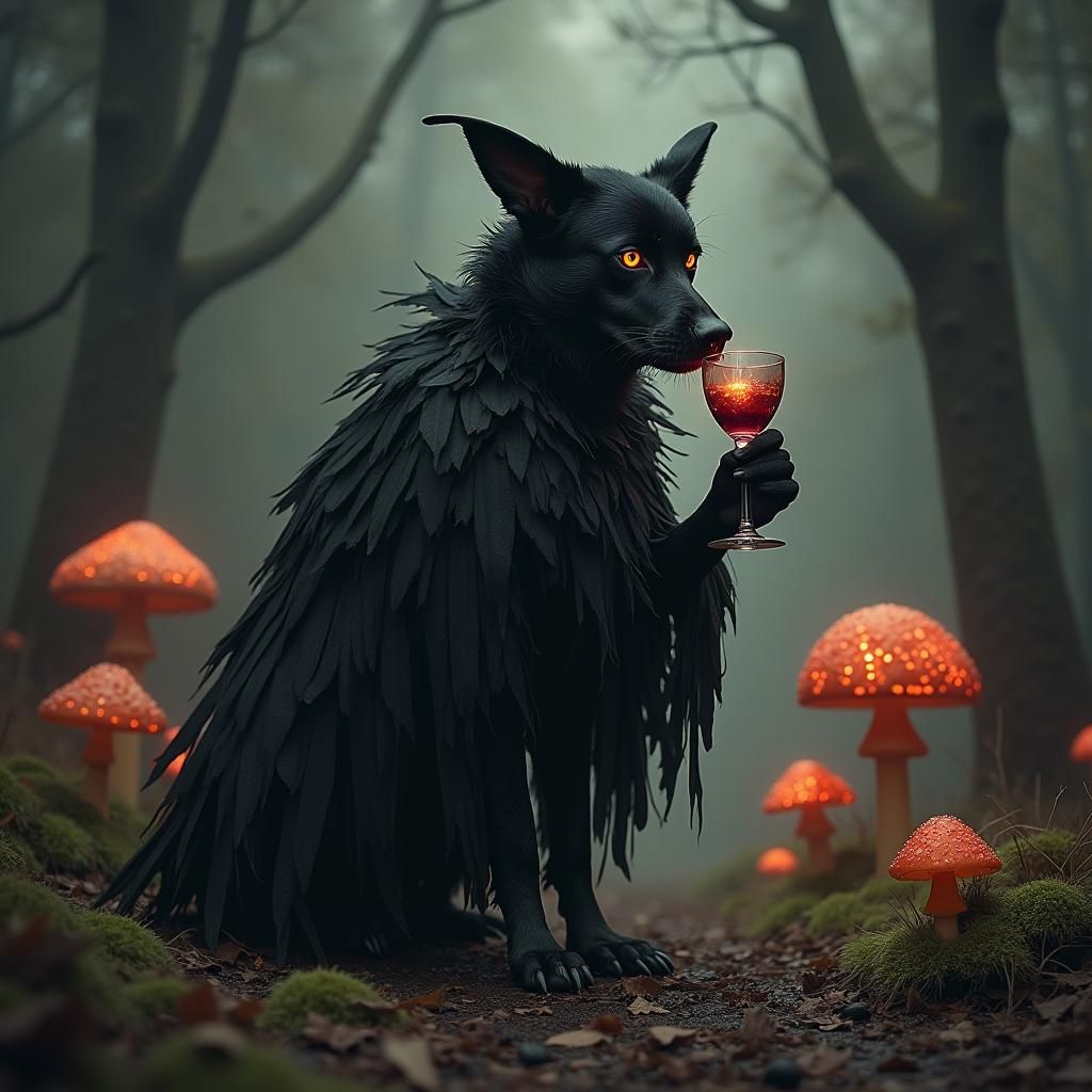 Mysterious Dog in Dark Forest, Fantasy Art
