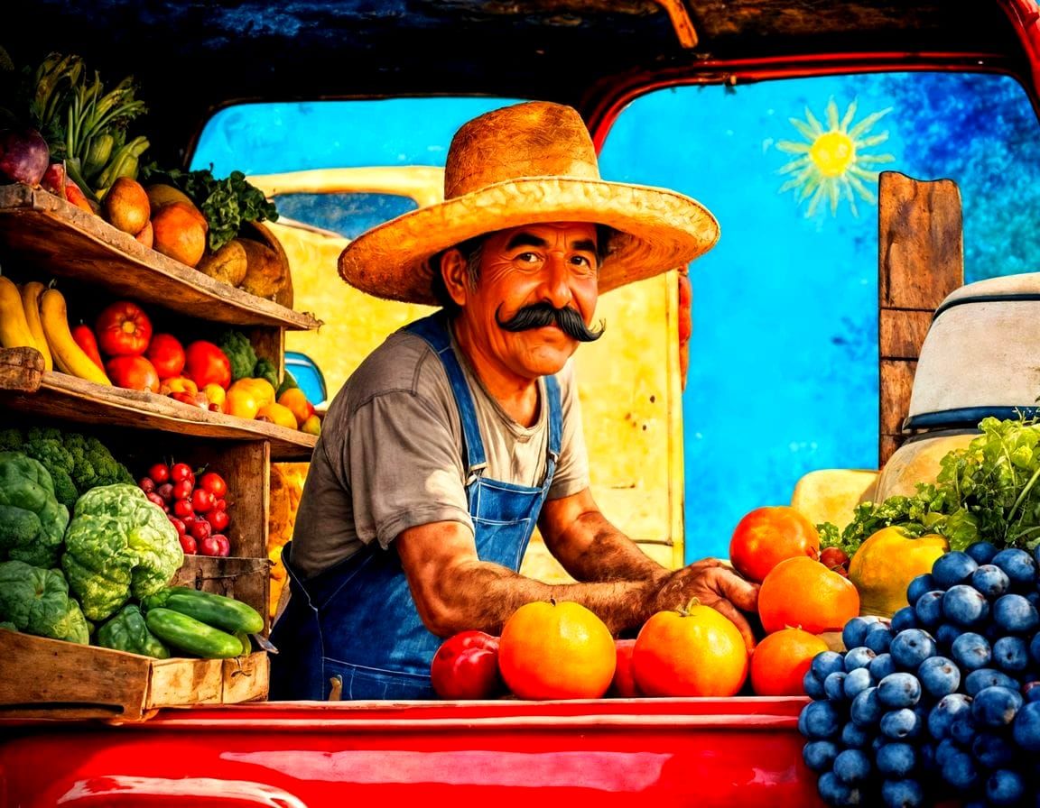 Smiling Mexican Farmer Selling Produce on Sunny Day