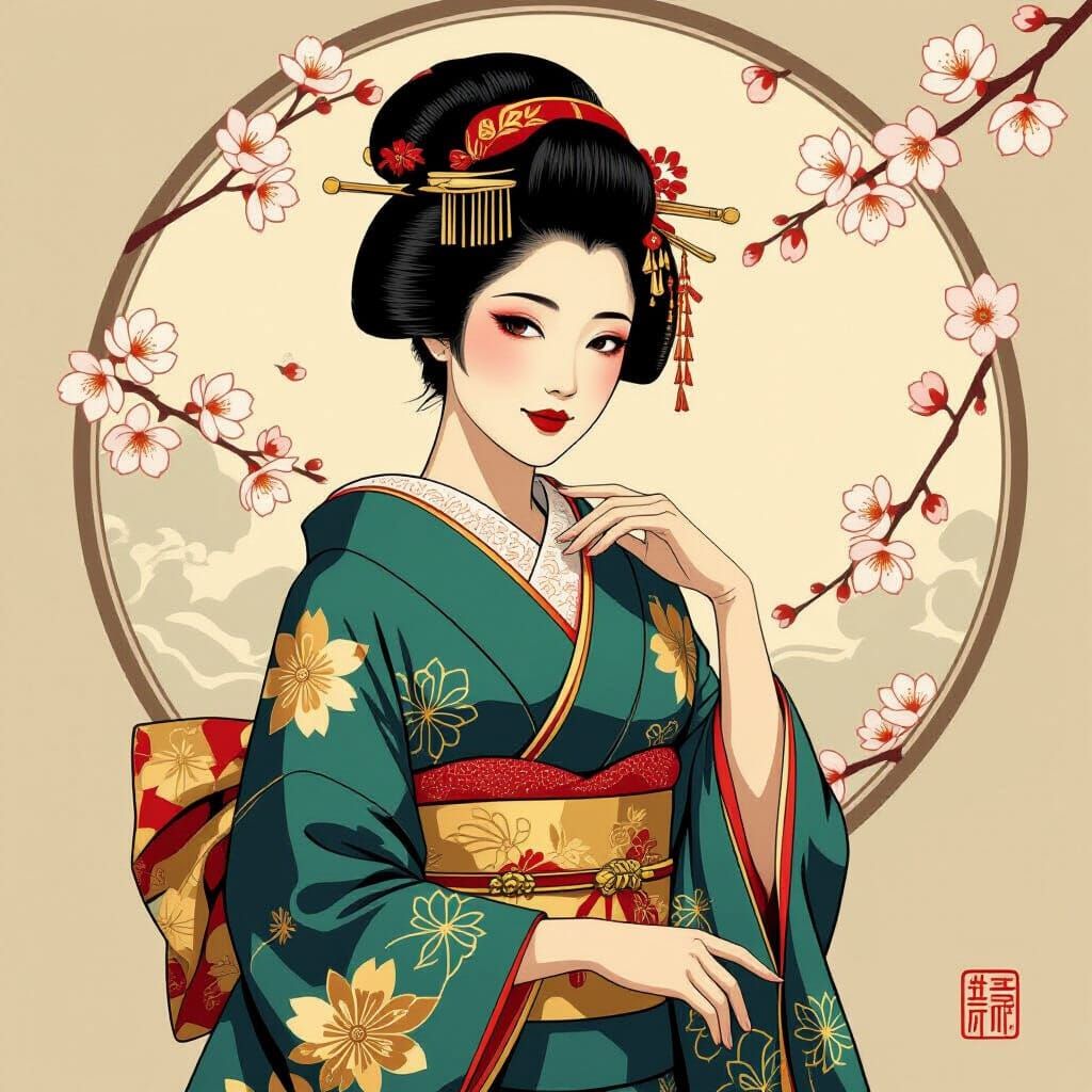 Elegant Geisha Portrait with Cherry Blossoms