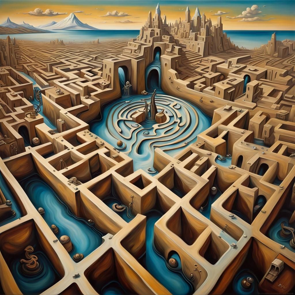 Surreal 3D City Labyrinth Puzzle in Dali Style