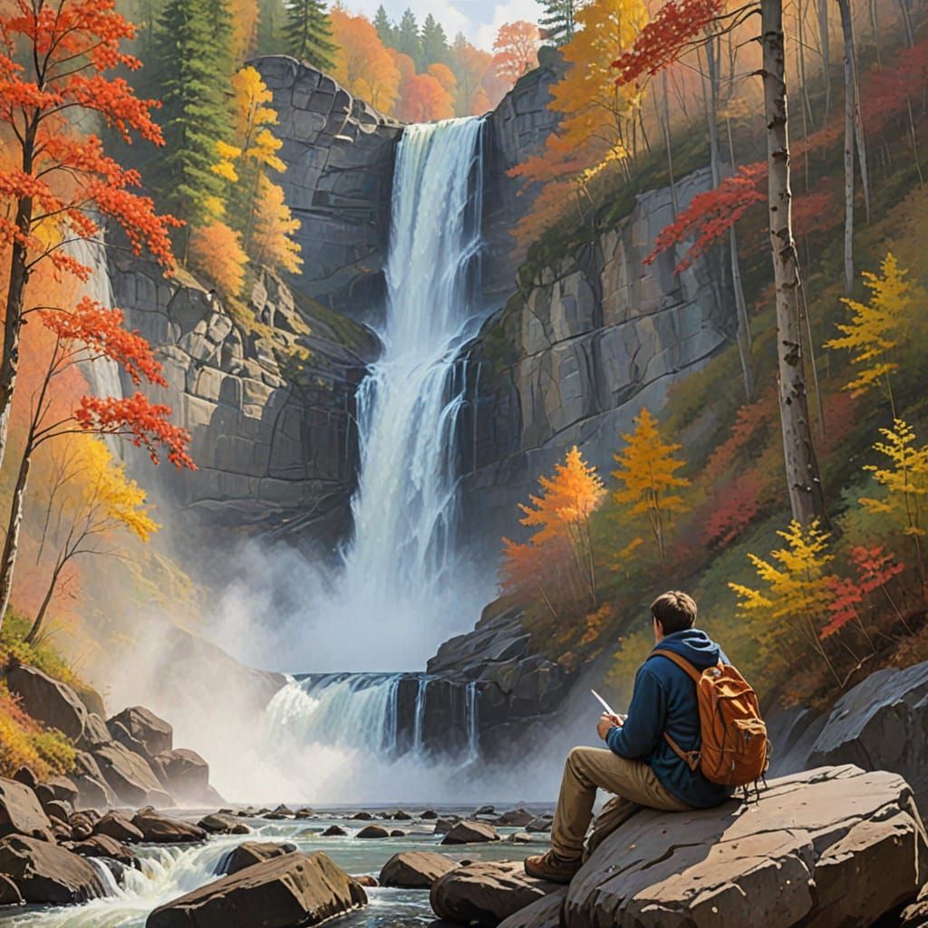 Traveler Sketches Autumn Waterfall in Impressionistic Style