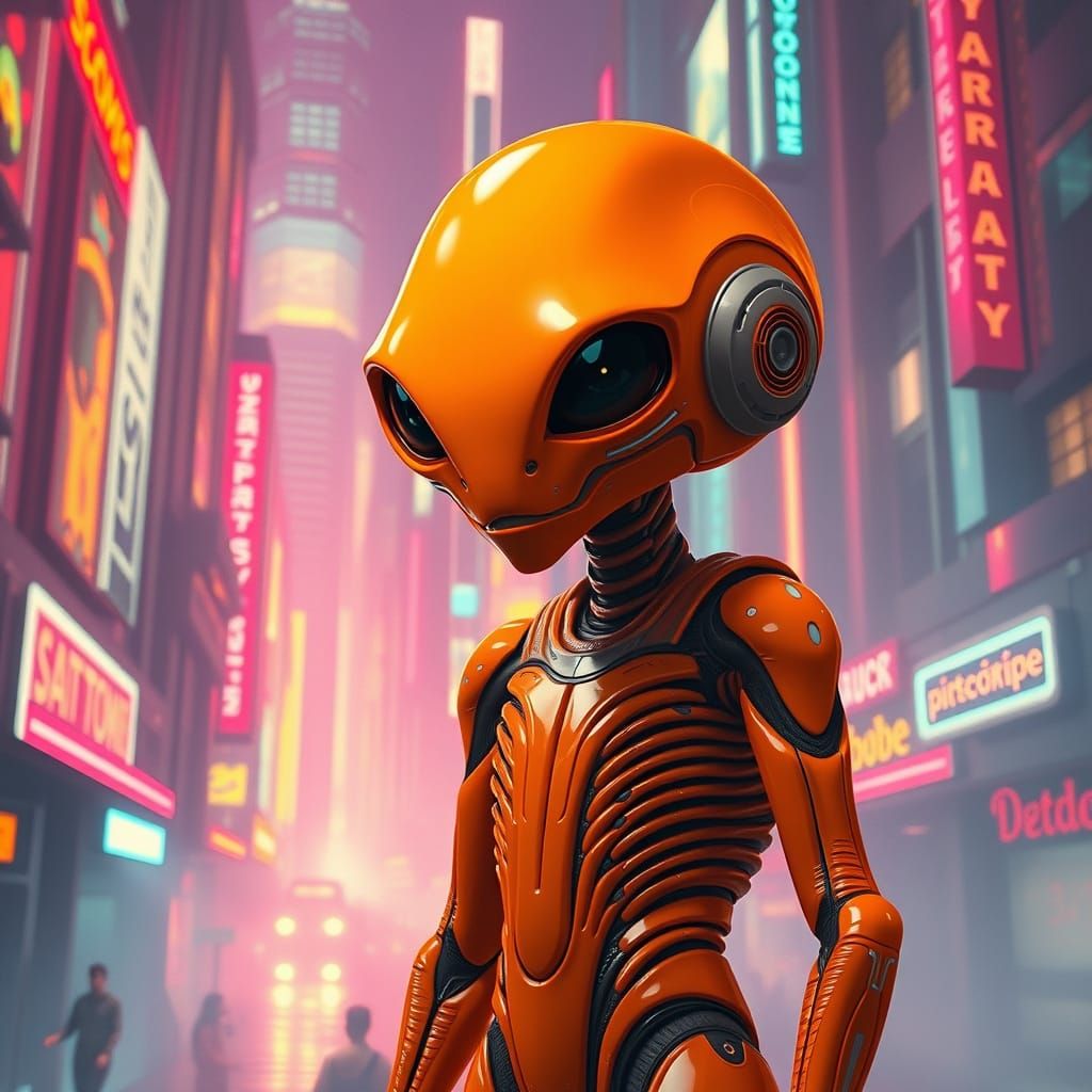 Orange Alien in Futuristic Neon Cityscape