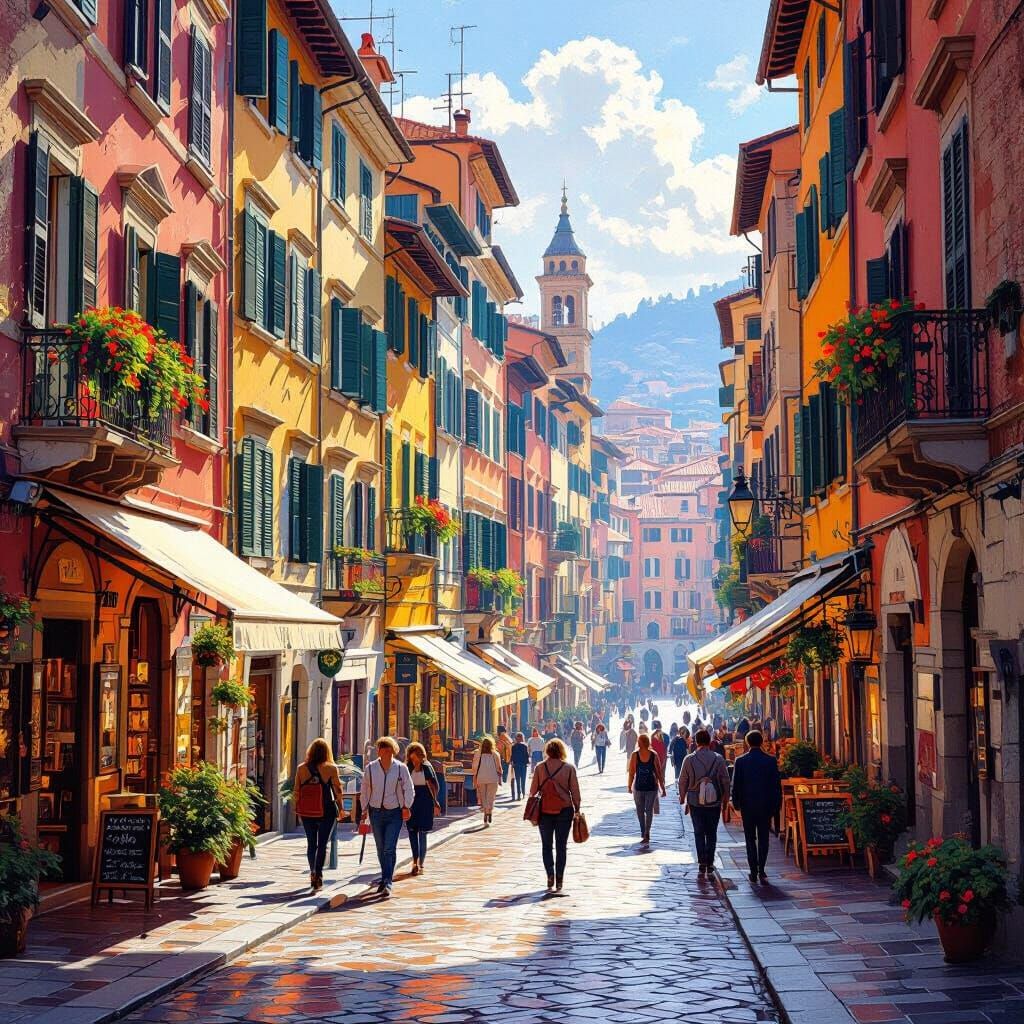 Bustling Genoa Street Scene in Romantic Realism Style