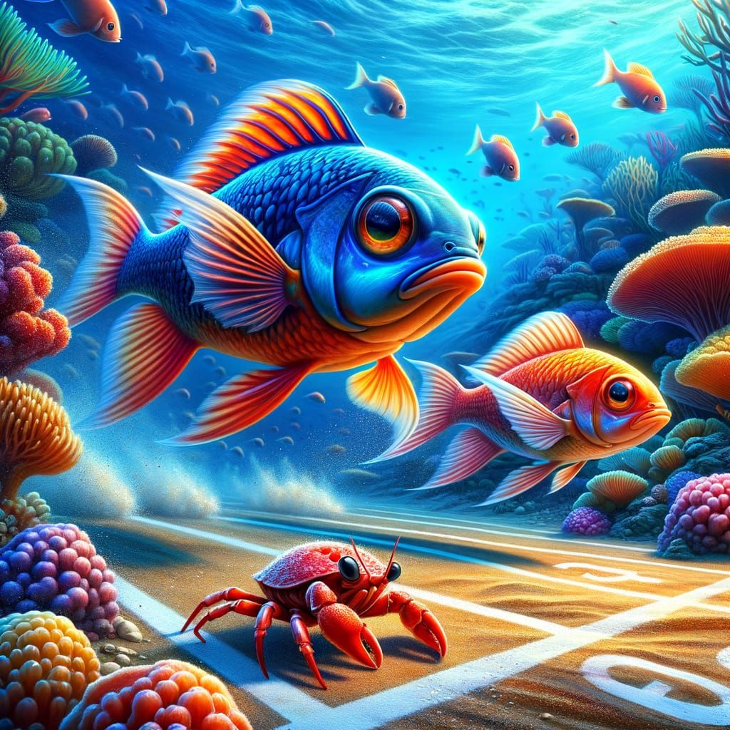 Vibrant Fish Racing Ahead of Tiny Crab in Underwater Realm