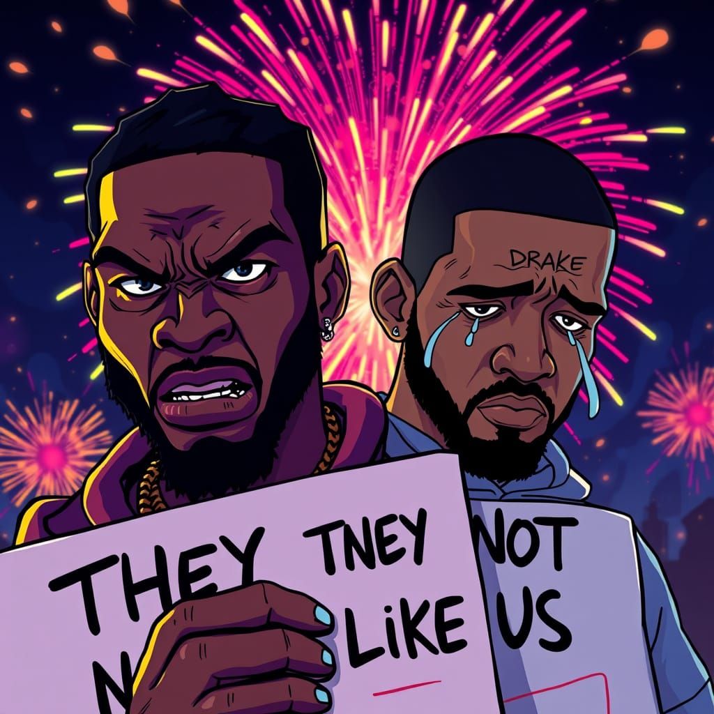 Vibrant Cartoon-Style Rivalry: Kendrick Lamar and Drake in a...