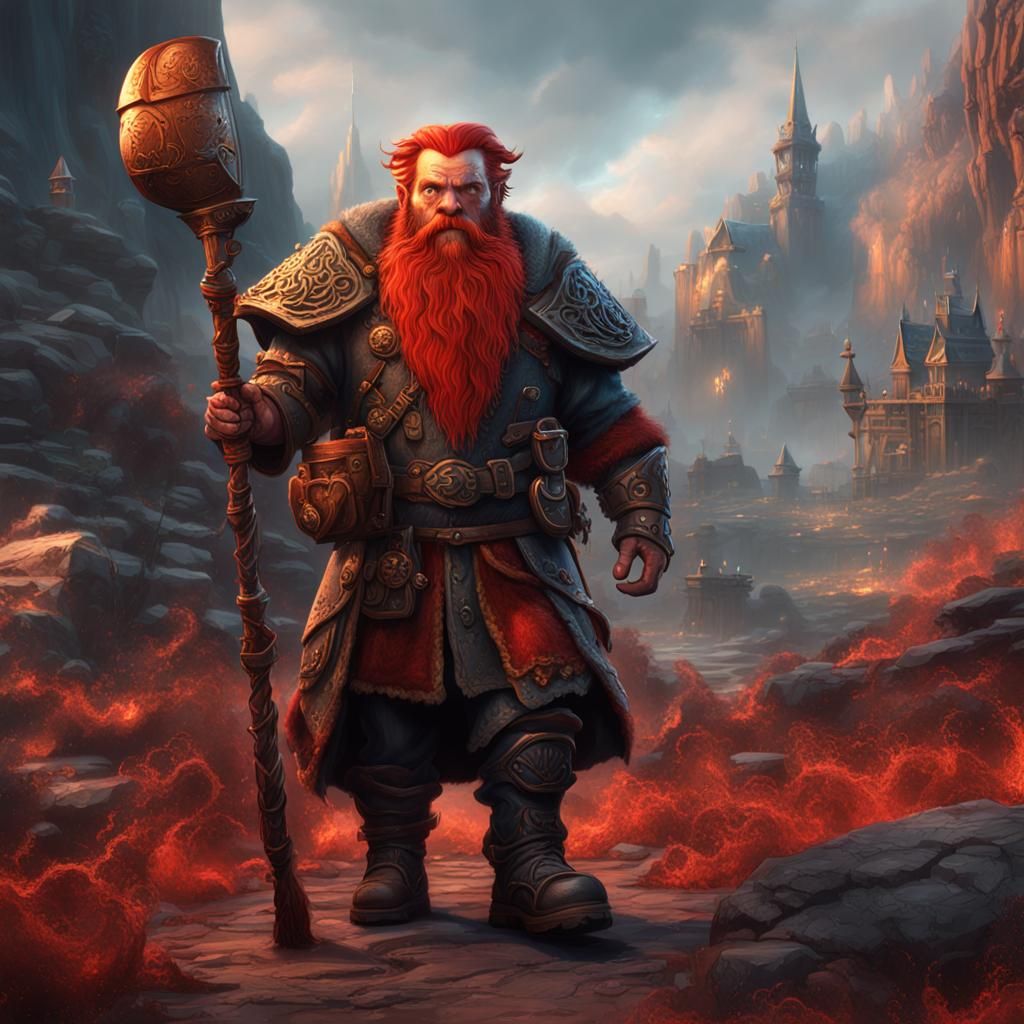 Dwarf Warlock with Red Hair, Detailed Matte Painting