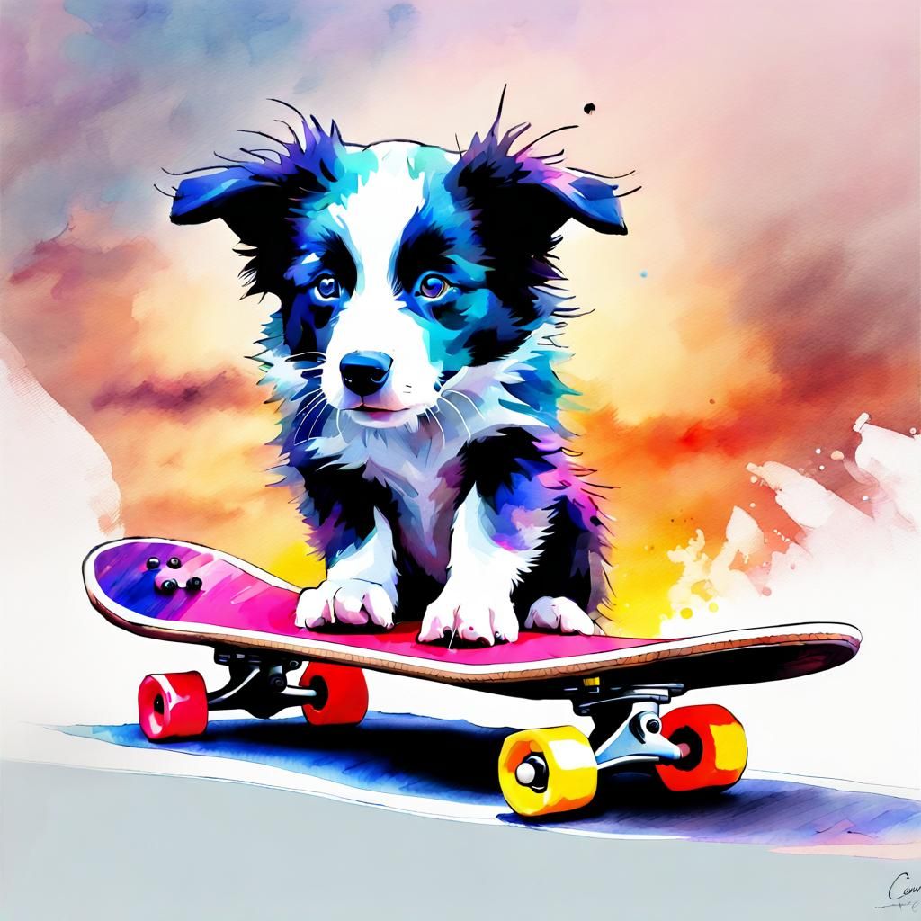 Chibi Border Collie Skateboarder: Digital Watercolor Art