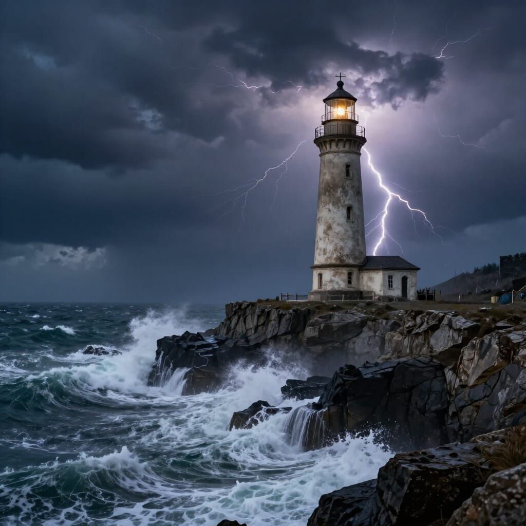 Stormy Lighthouse on Jagged Cliff Overlooking Violent Sea
