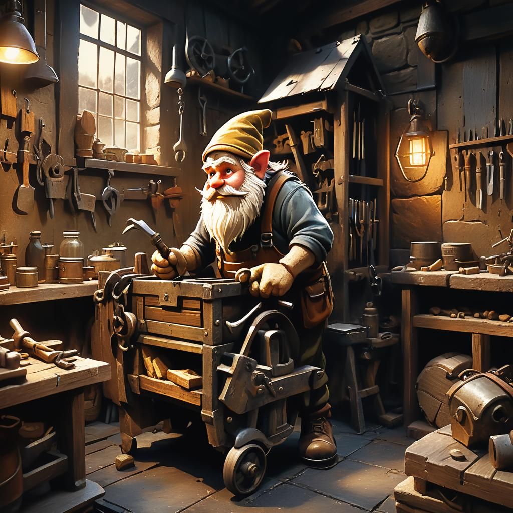 Gnome with Tool Cart in Hyperrealistic Workshop