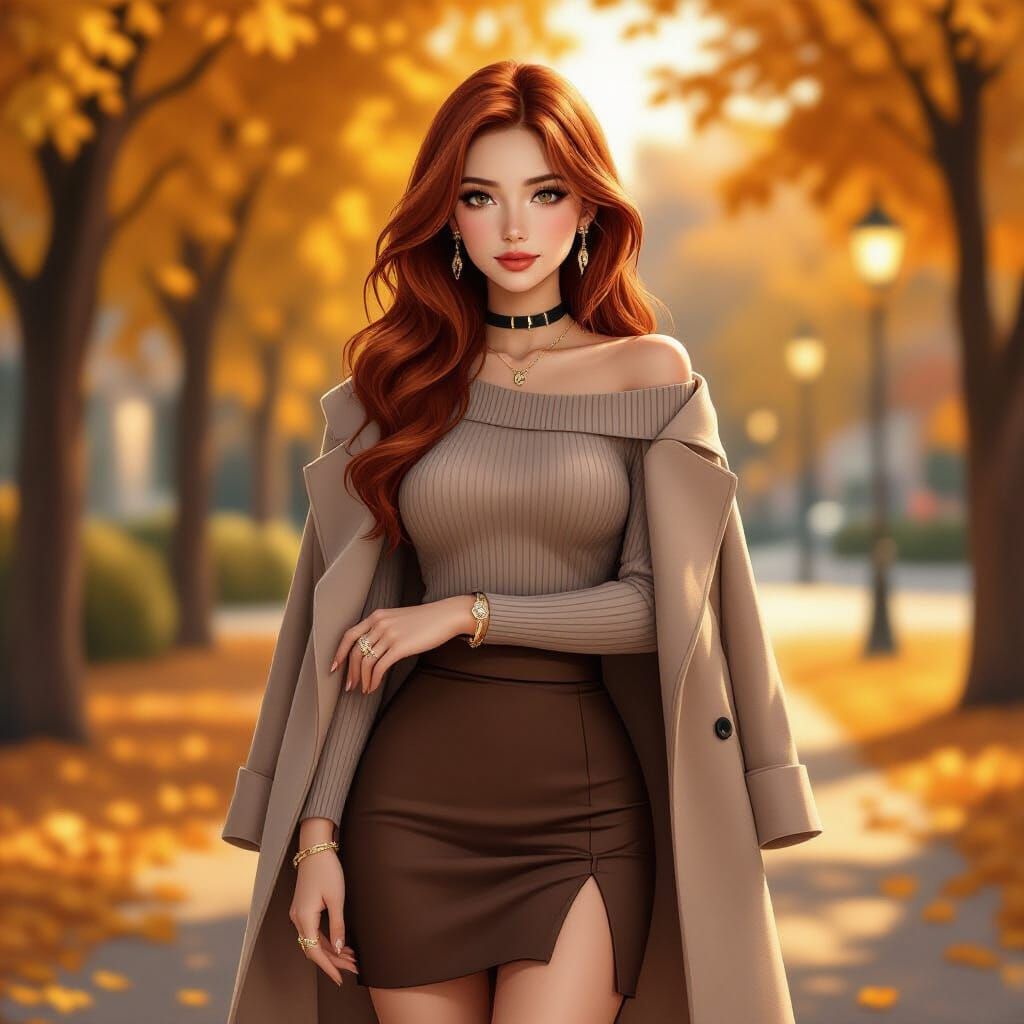 Elegant Red-Haired Woman in Chic Autumn Outfit