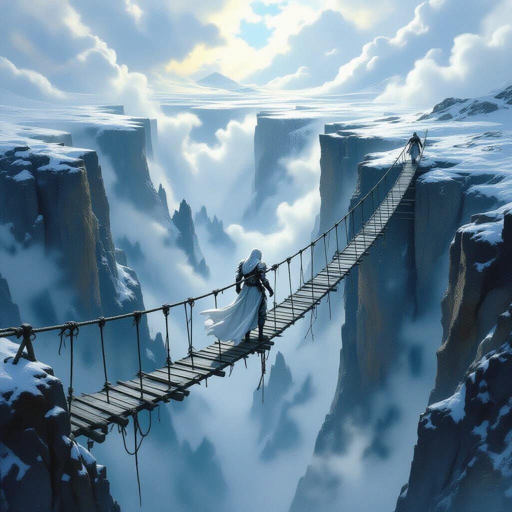 Warrior Crossing Chasm on Rope Bridge, Cinematic Style