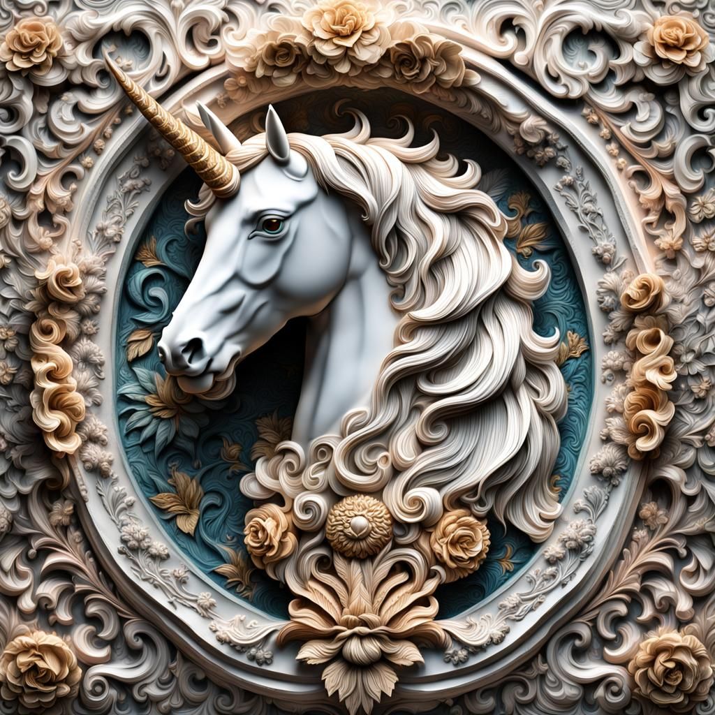 Baroque Embossed Unicorn in Vibrant 3D Relief