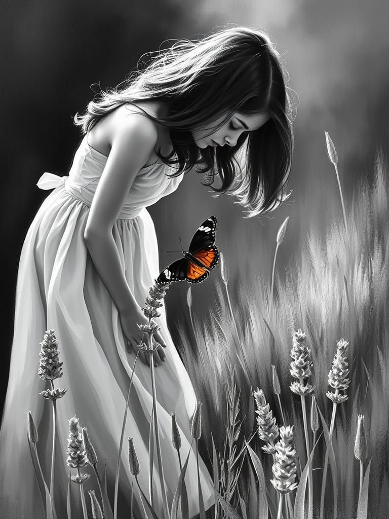 Ethereal Dream of a Woman and a Butterfly in Black and White...