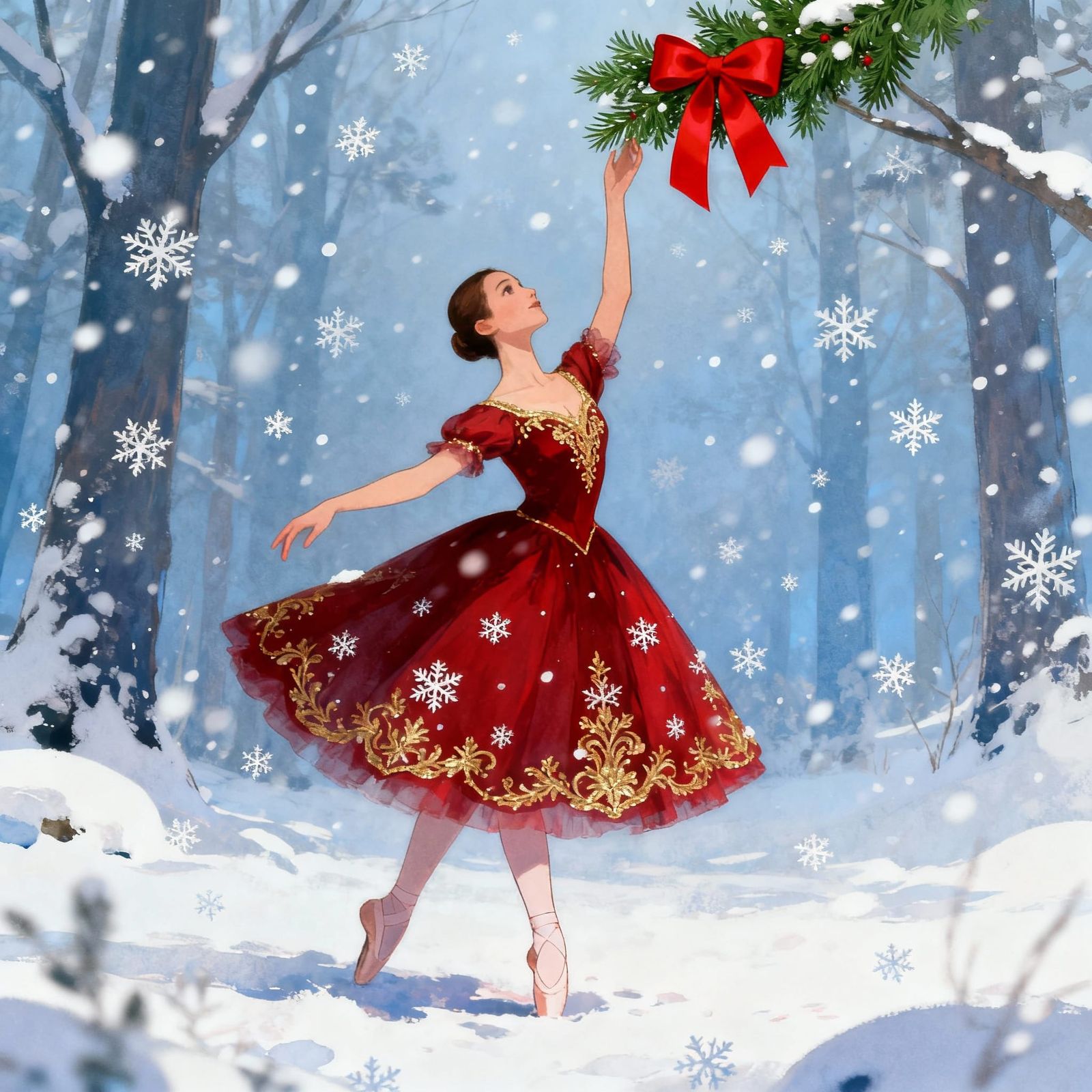 Ballerina Dancing in Snowy Forest with Red Dress