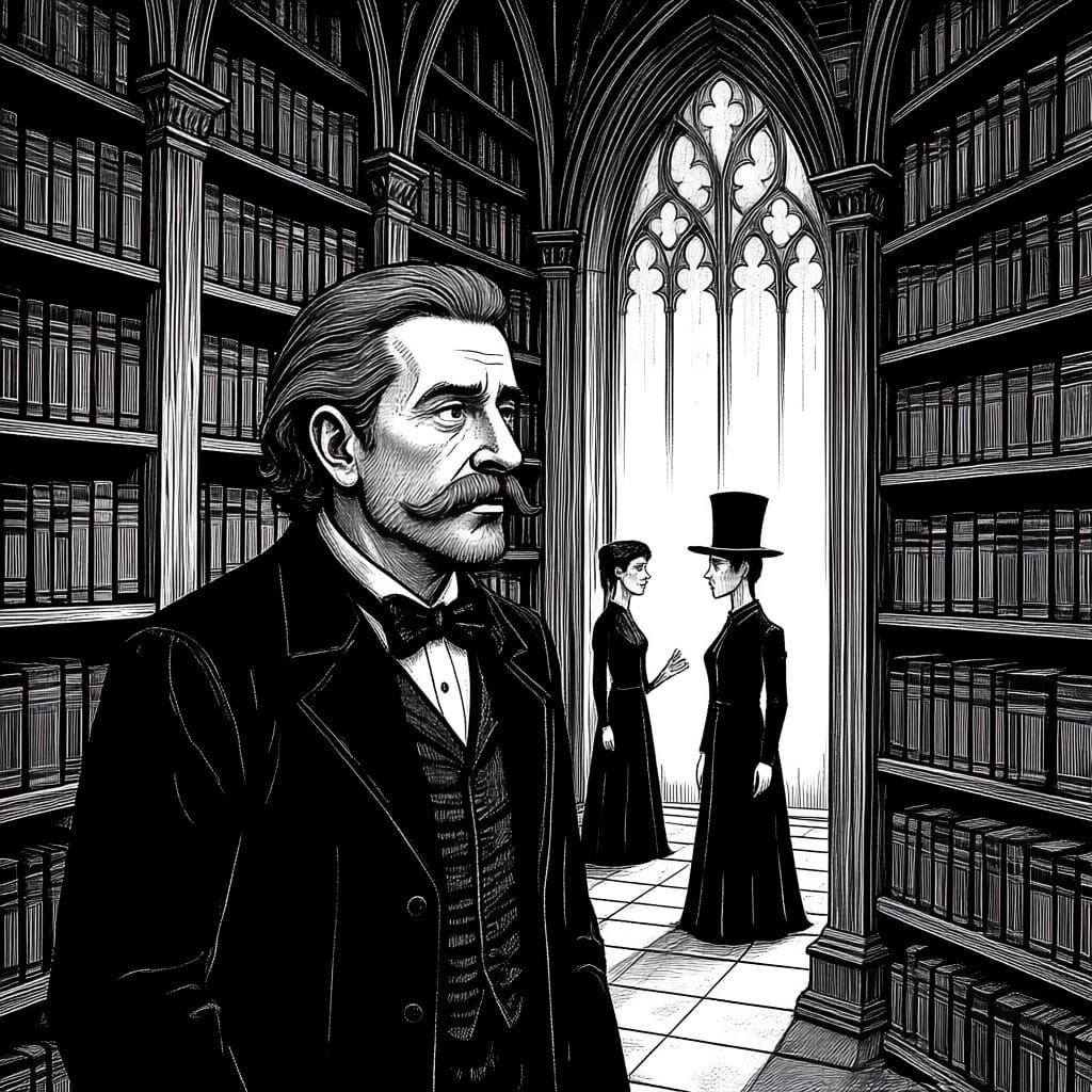 Bearded Man in Library in Edward Gorey Style