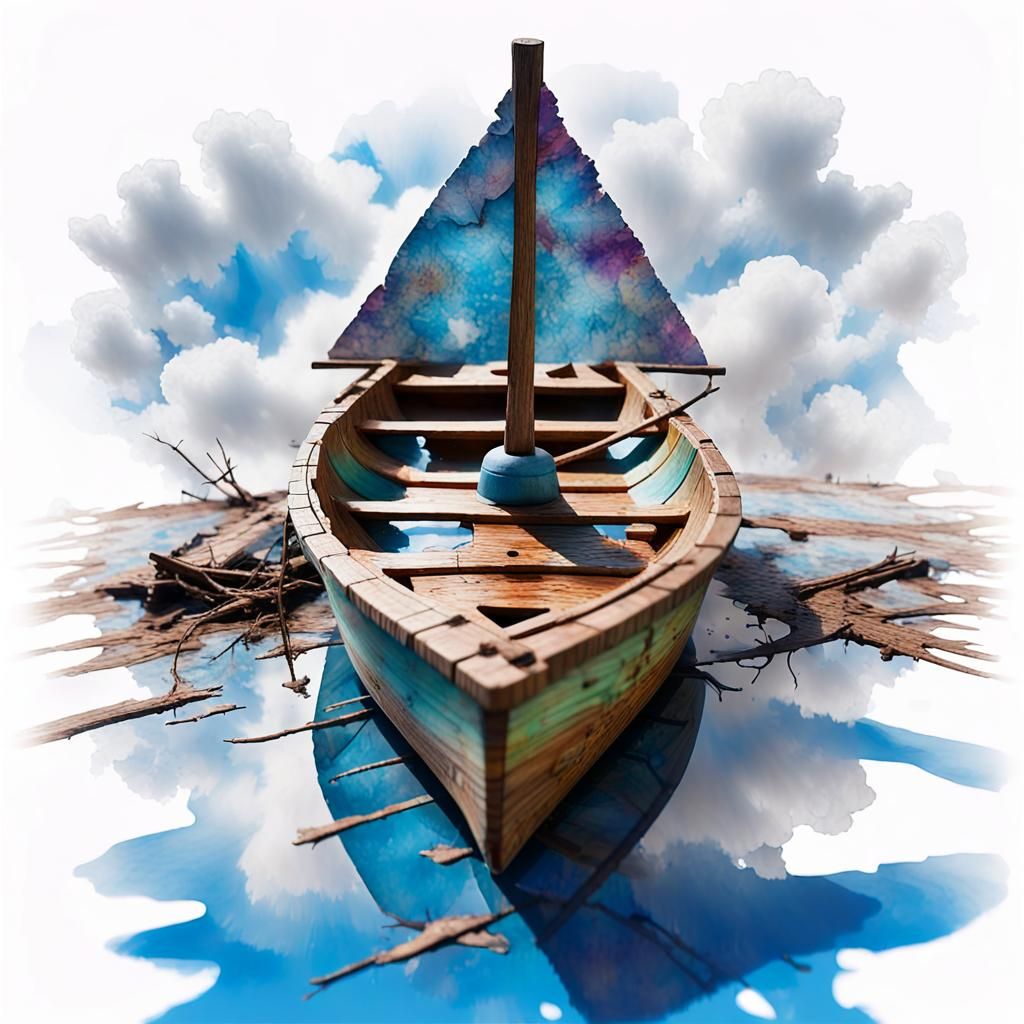 Neon Watercolor Toy Boat Reflecting Sky