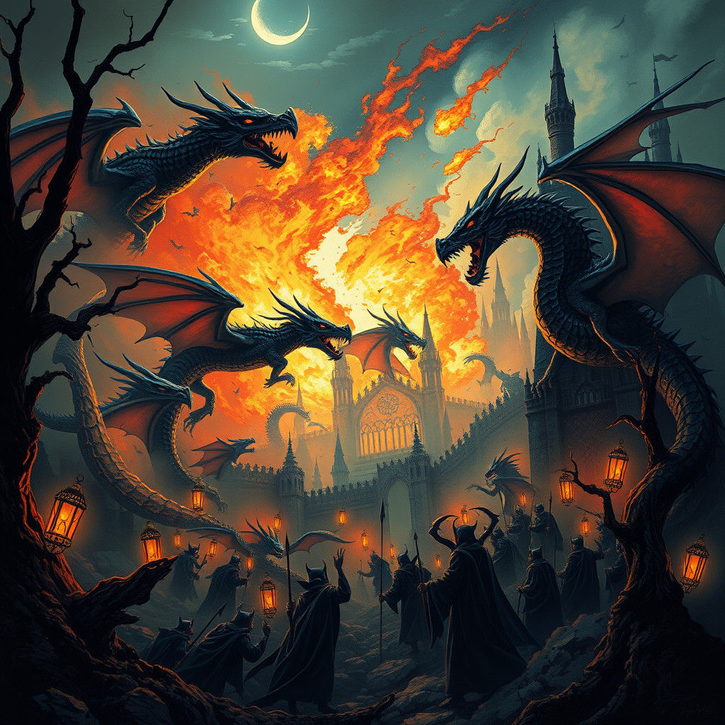 Dragons and Vampires Clash in Gothic Landscape