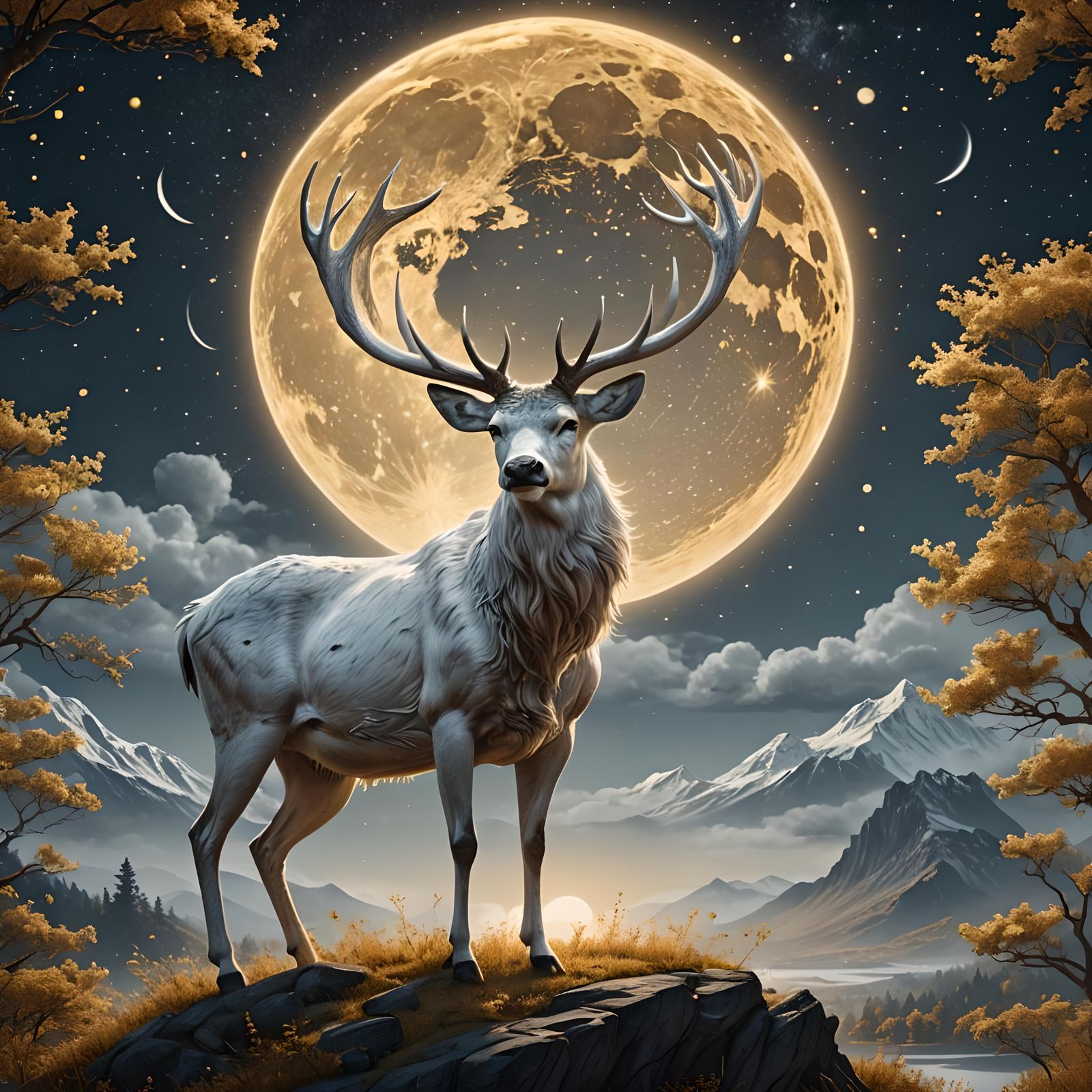 Majestic White Stag Under Golden Moonlight