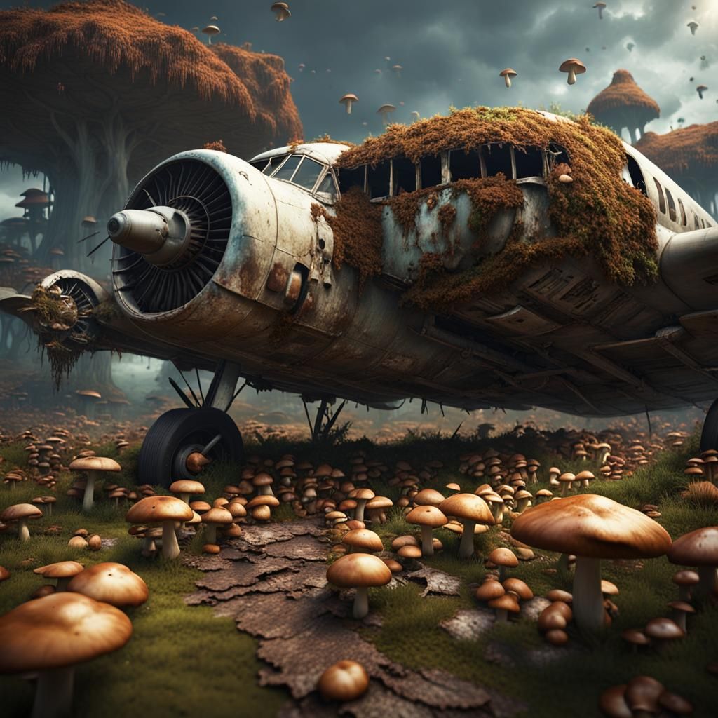 Mushroom-Covered Plane Wreck in Detailed Matte Painting