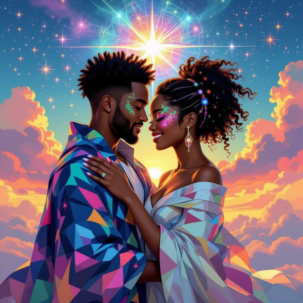 Afrofuturistic Couple Embracing Under Kaleidoscopic Sky