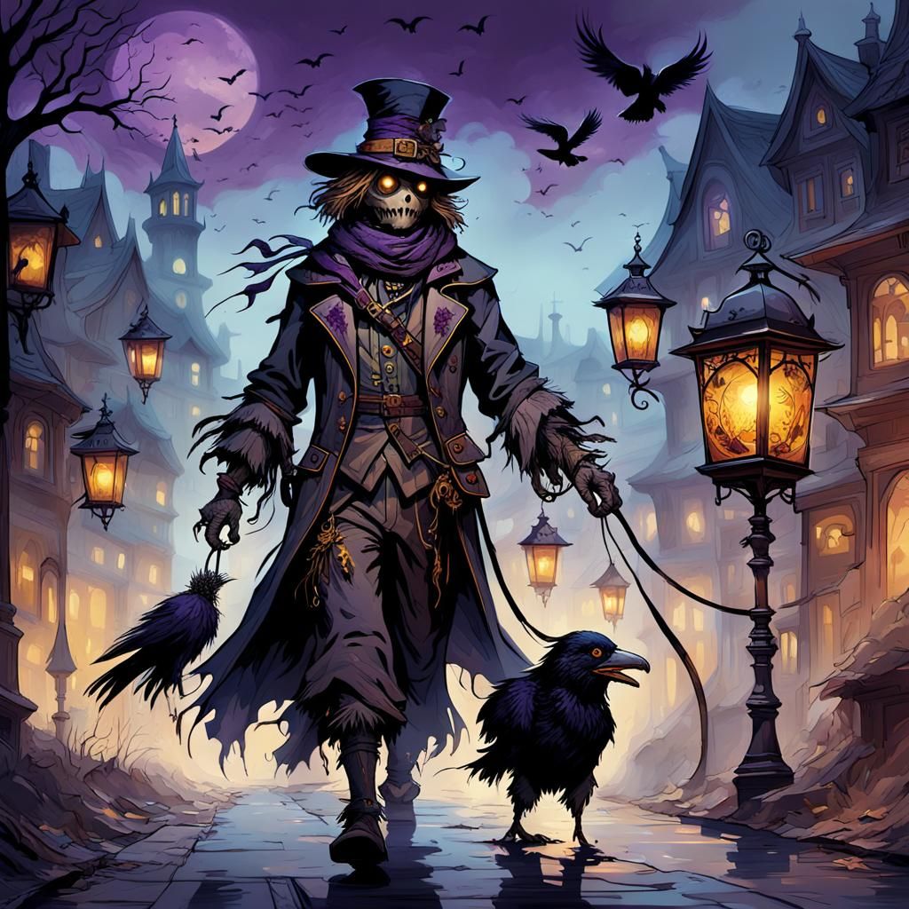 Scarecrow Walks Crow in Misty Town, Alphonse Mucha Style