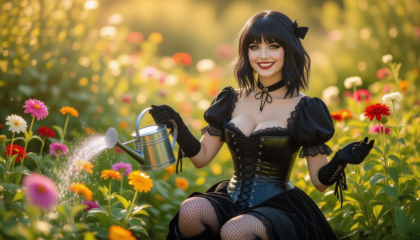 Goth Gardener Smiling in Sunny Flower Garden