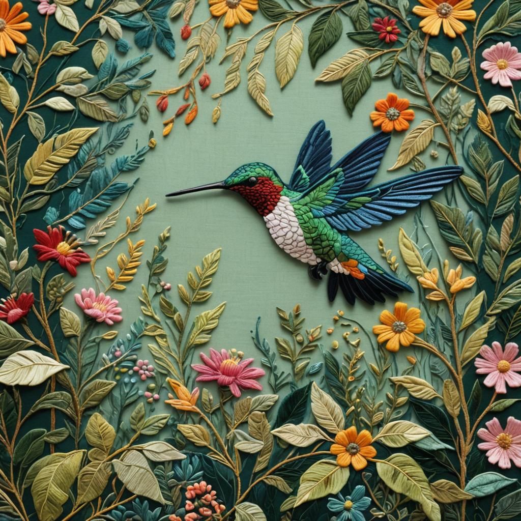 Hummingbird Embroidery Art in Mixed Media Style