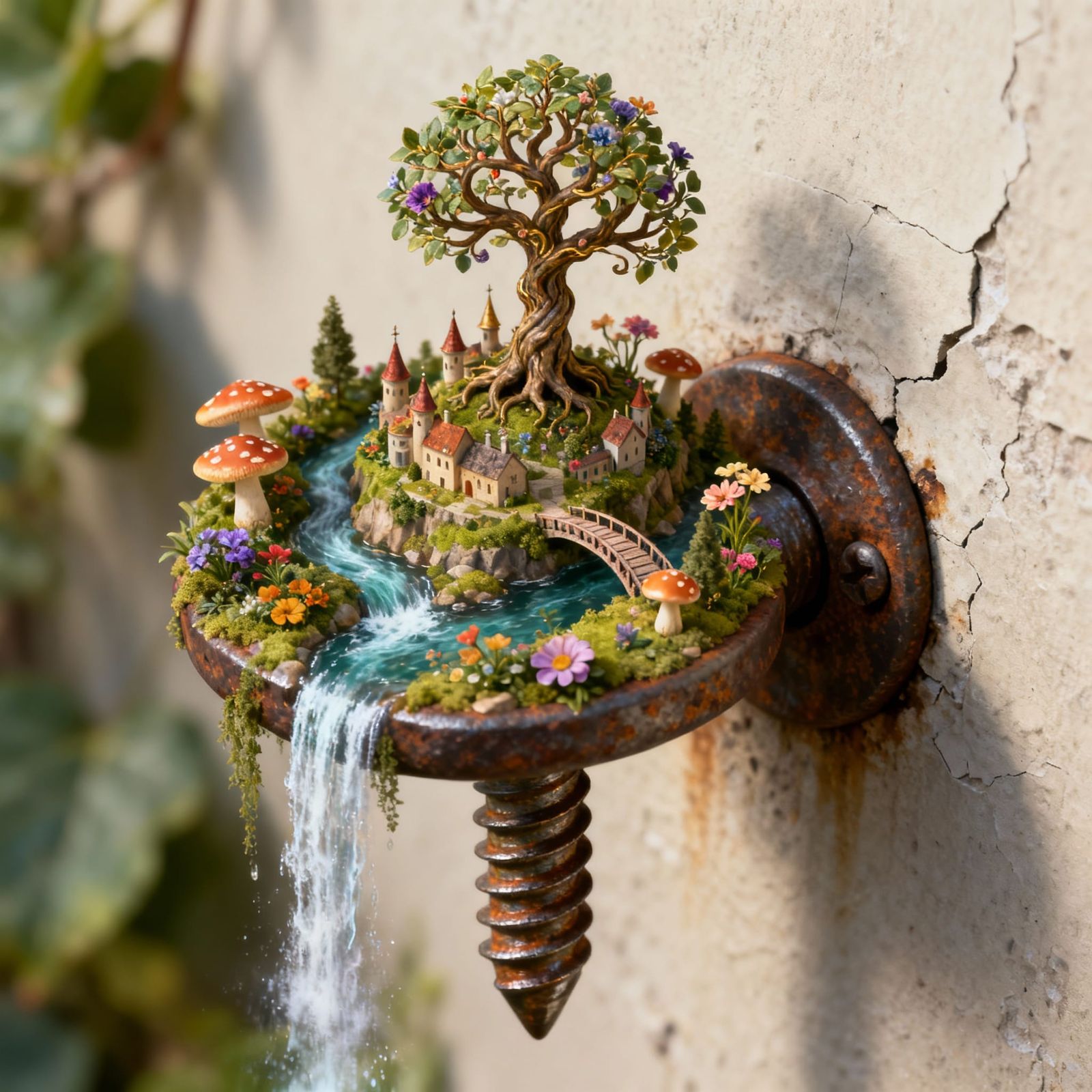 Miniature Mythological Island Kingdom on Rusty Screw