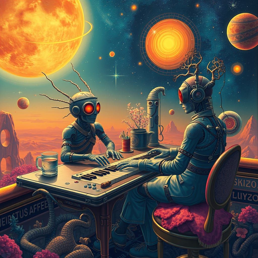 Bizarre Galaxy Cafe Scene in Psychedelic Art Style