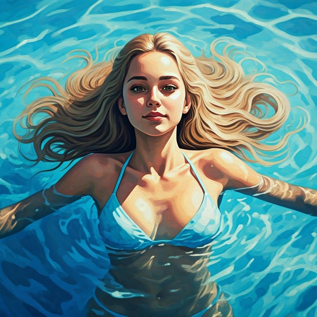 Girl Floats in Pool: Digital Gouache and Watercolor Art