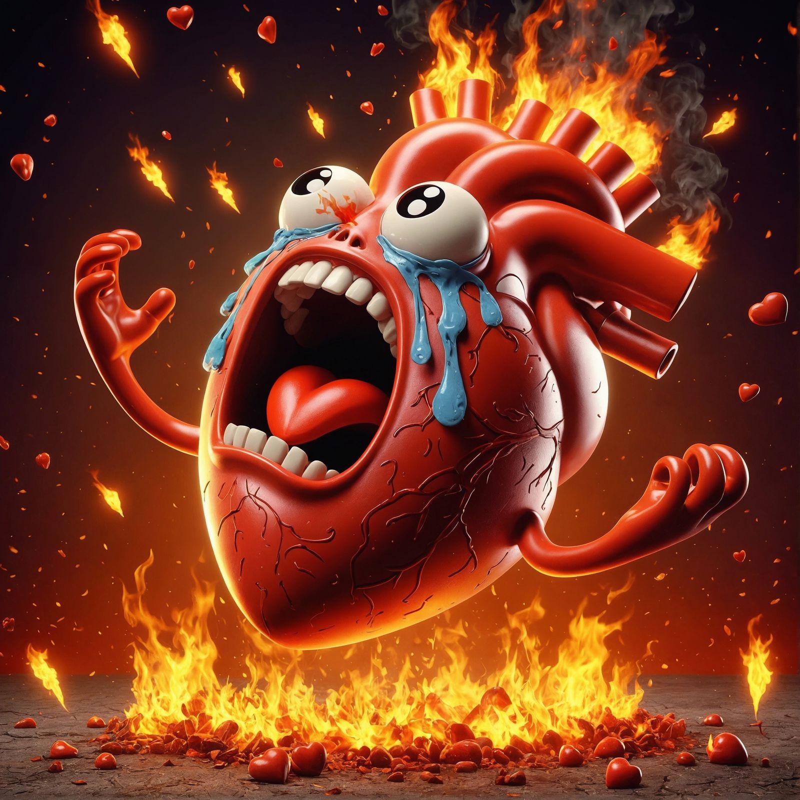 Cartoon Heart Screaming in Painful Flames
