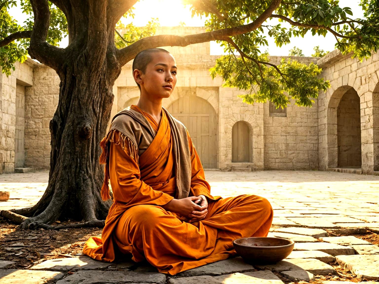 Early Buddhist Nun Meditating Under Bodhi Tree