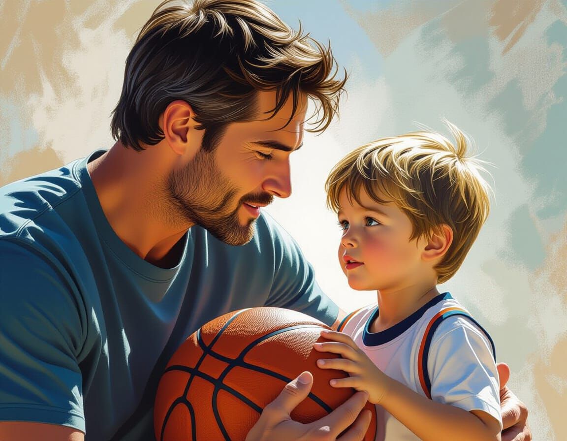 Father and Son Basketball Portrait in Hyperrealistic Style