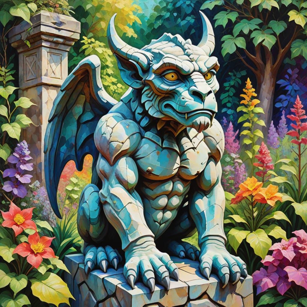 Gargoyle in Magical Garden, Neo-Impressionist Oil Painting