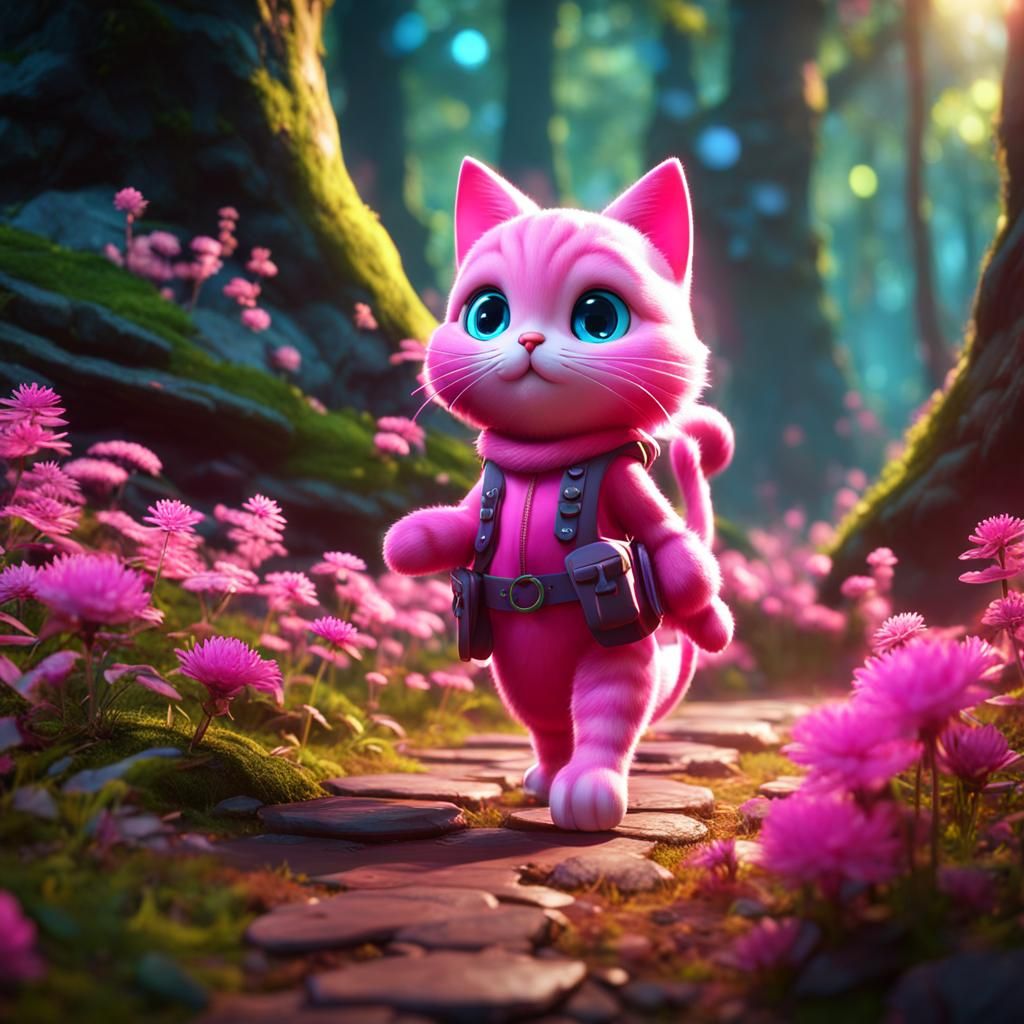 Pink Cat Girl in Vivid Enchanted Forest