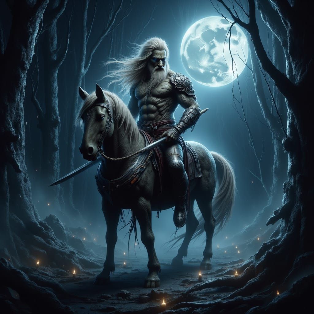 Majestic Centaur in Dark Fantasy Forest, Illuminated by Full...