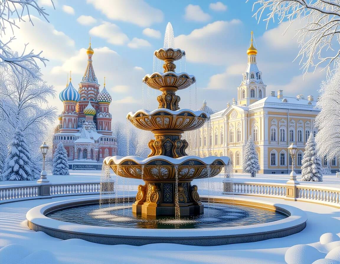 Grandiose Rococo Fountain in Snowy Park