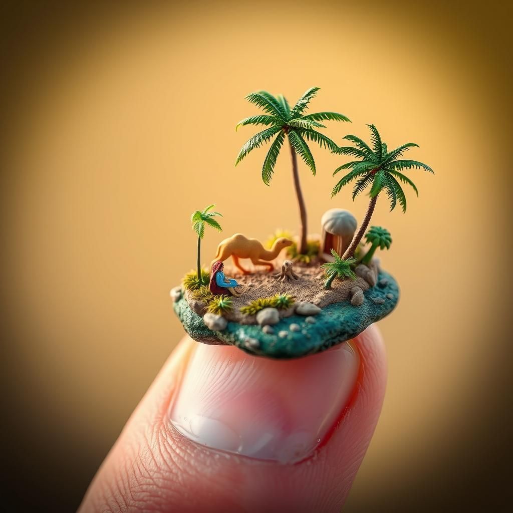 a miniature highly realistic oasis full of palm trees, camel...