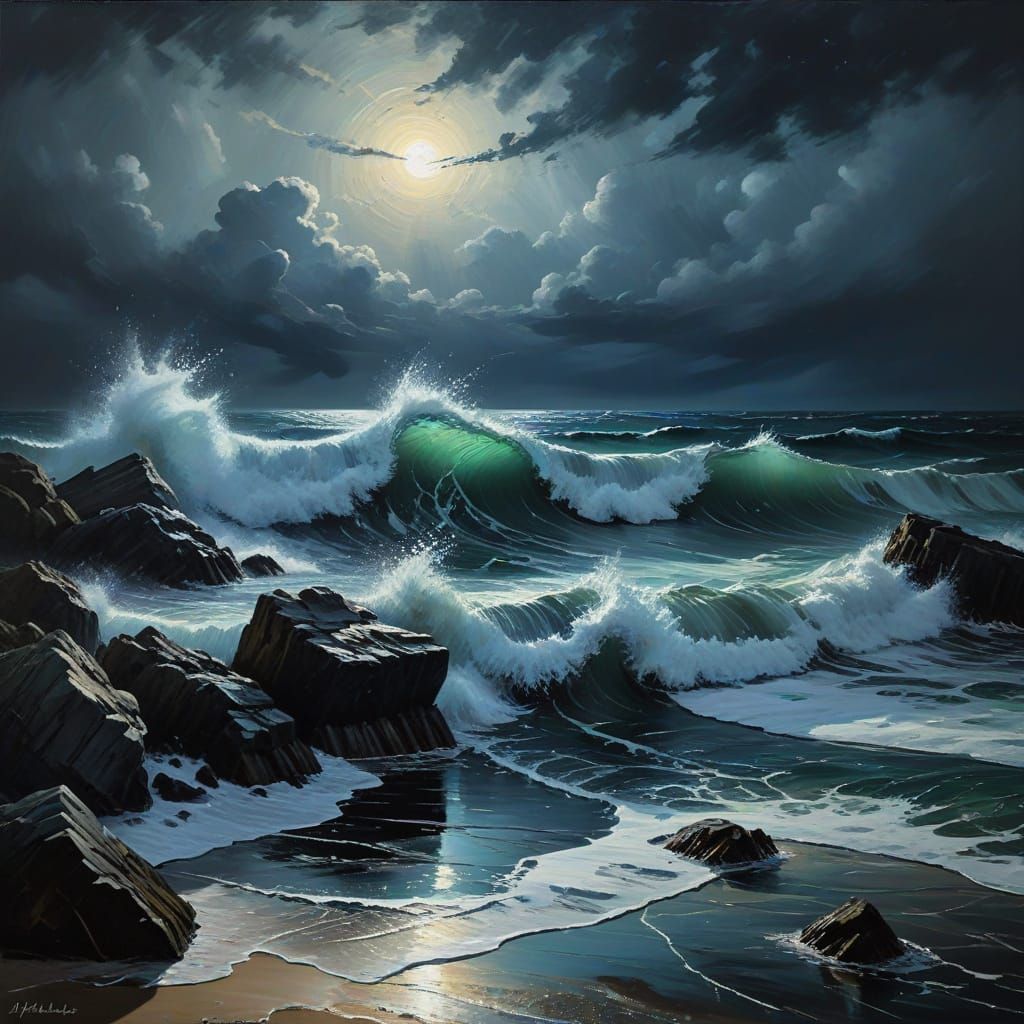 Moody Beach Nightscape in Expressionist Style