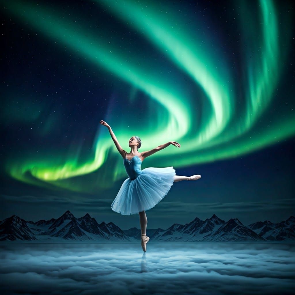 Ballerina Leaps Under Aurora Borealis in Digital Art