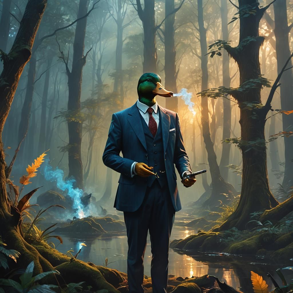Duck Smokes in Mystical Forest: Fantasy Concept Art