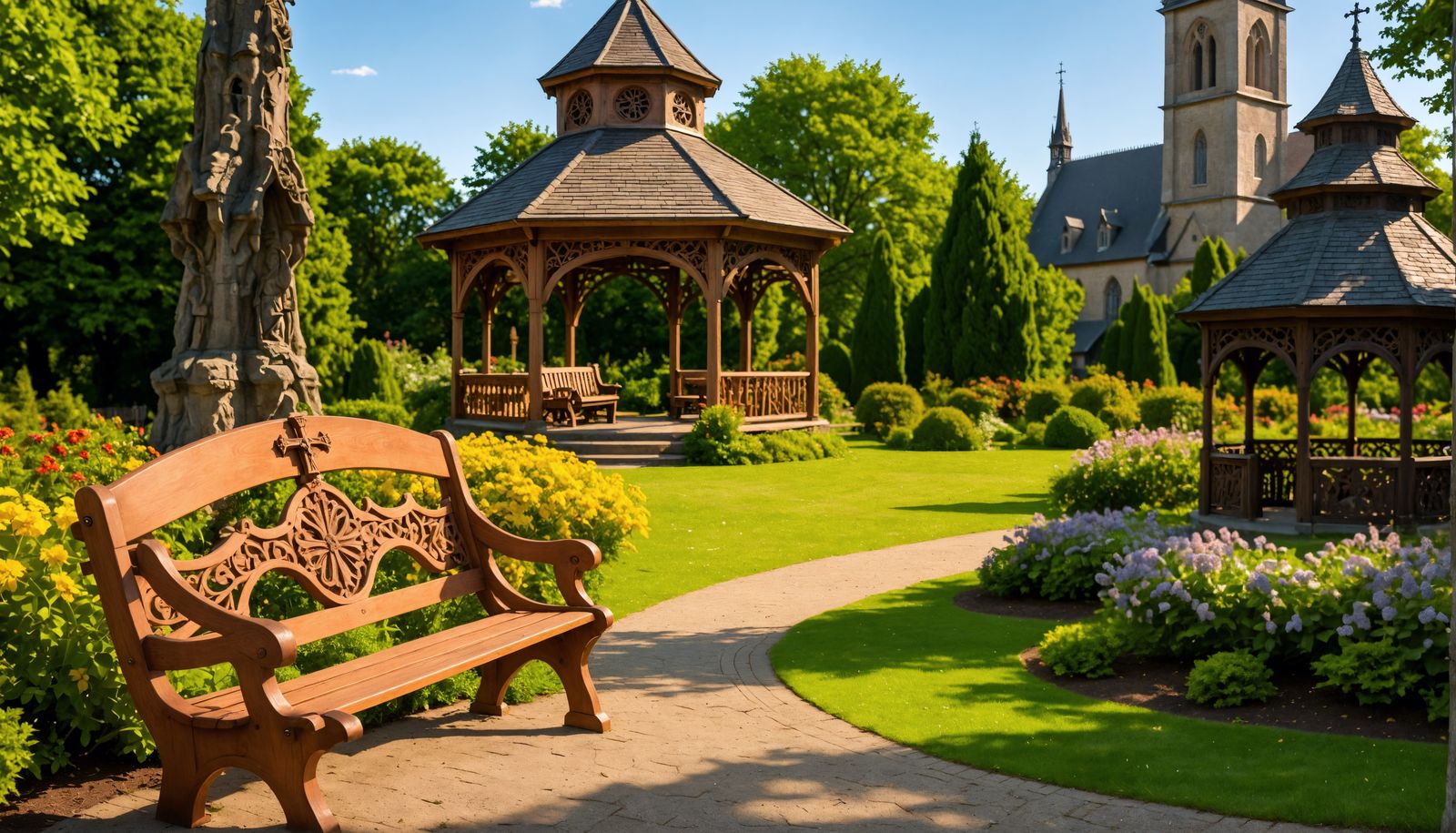 Park Bench View of Gothic Church and Gazebo