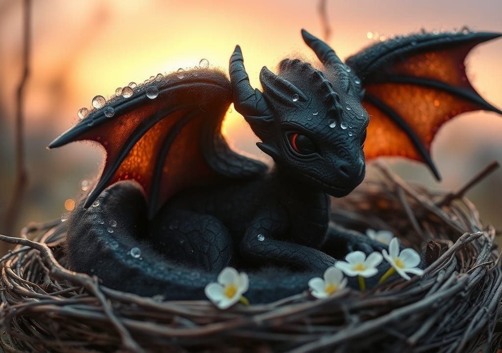 Fluffy Woolly Dragon in Bird's Nest with Dew Drops